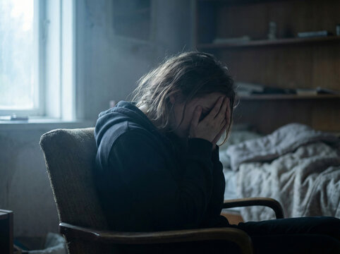 Young woman with long hair sitting in an armchair, covering her face with hands in a dimly lit room with a bed and shelves in the background. Loneliness and depression concept