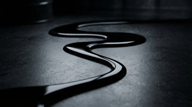 Abstract artistic photo of a glossy oil flowing in a wavy pattern across a textured dark surface, creating a striking visual contrast in an indoor setting, for oil and energy industry visuals