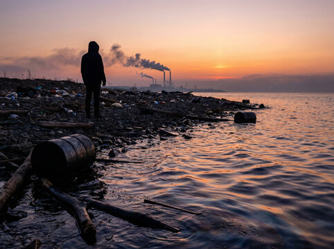 Silhouette of person standing on polluted shoreline at sunset, industrial smokestacks emitting smoke in the background. Concept of environmental pollution, oil spills, plastic waste, ecological crisis