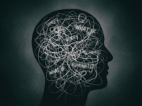 Human head silhouette filled with chaotic scribbles and words representing anxiety and overthinking, set against a dark background for a conceptual illustration. Mental health and depression concept