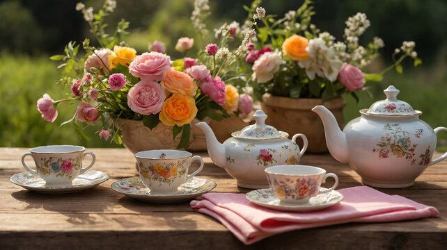 Elegant garden tea party with vintage floral teacups and fresh flower bouquet