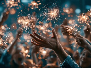 Obraz premium Crowd celebrating with sparklers during a night event in the city, showing hands raised and lights in the background
