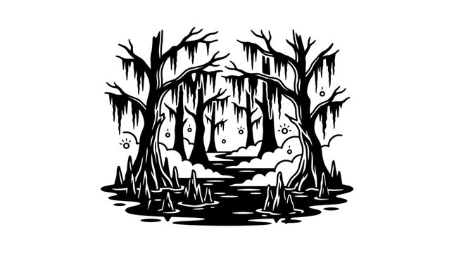 Black and white swamp landscape.