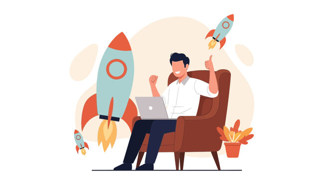 Man celebrating startup success, working on laptop with rockets launching around him. Vector illustration.