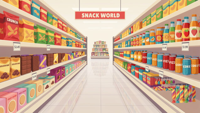 Grocery store aisle with shelves full of colorful food products and snacks in a supermarket Vector