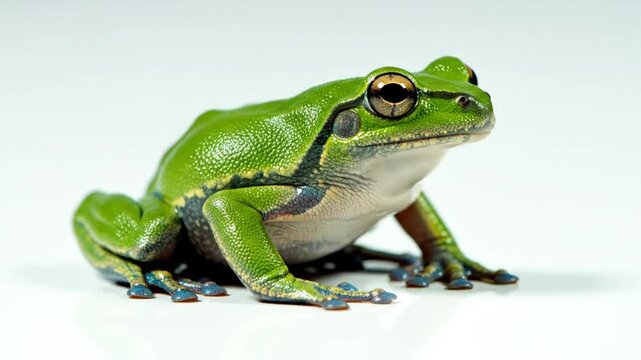 European green tree frog croaking on white background, showing its inflated vocal sac and textured skin, macro close-up