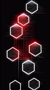 Abstract digital network of glowing white hexagons connected by red lines on a dark black background futuristic technology and data visualization concept