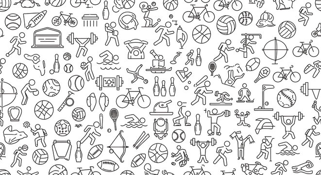 Seamless pattern of hand drawn sports and fitness icons with exercise lifestyle activity training wellness equipment athletics movement recreation