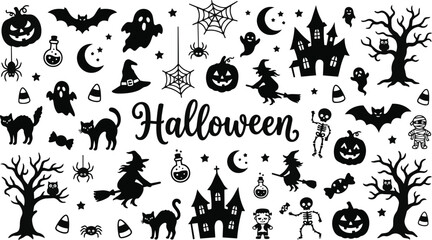 Fototapeta premium Halloween Icons Featuring Bats, Pumpkins, Witches, Ghosts, and Other Spooky Elements in a Black and White Vector Illustration