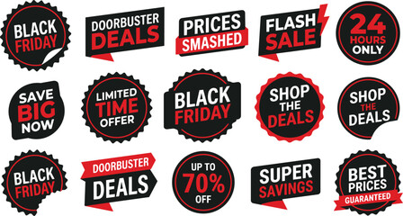 Obraz premium Black Friday Deals Stickers Collage with Red and Yellow Discount Badges, Price Drop Labels, and Limited Time Offer Icons on a Promotional Background