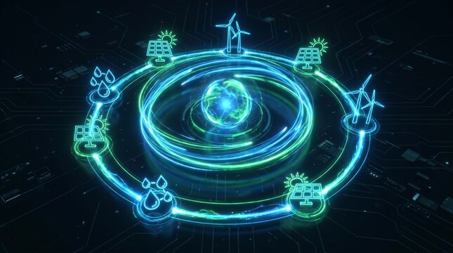 Renewable energy sources circle around glowing atomic core in a digital network during a futuristic concept
