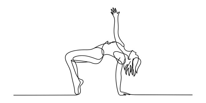 Elegant female dancer performing a graceful backbend pose with one arm raised, depicted in a continuous single line art style