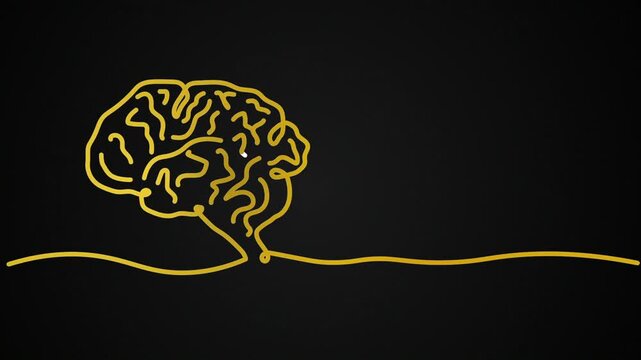 Human brain animation of one line drawing symbol sign illustration design. single line hand-drawn full length motion. isolated continuous one line art monoline golden color on black background bg