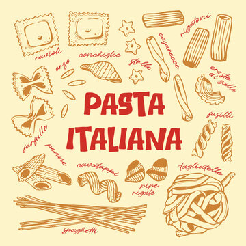 Vector collection of italian pasta assortment hand drawn in ink whimsical style
