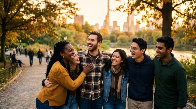 Diverse group of happy friends walking in autumn park with city skyline in background