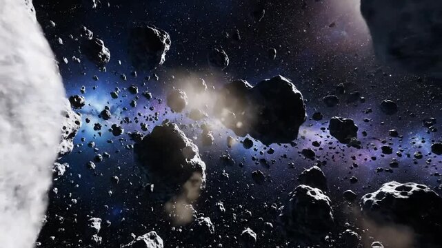 Asteroid field in dark outer space with bright cosmic light