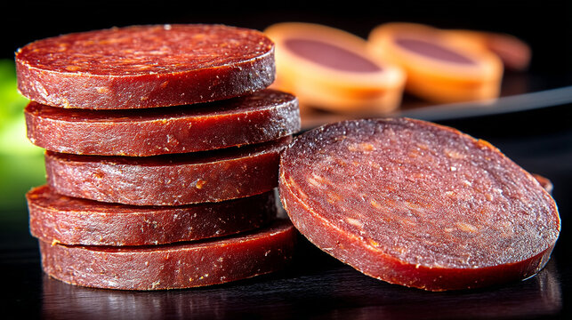 Stack of thin sliced cured salami rounds on black surface with charcuterie appetizer pepperoni