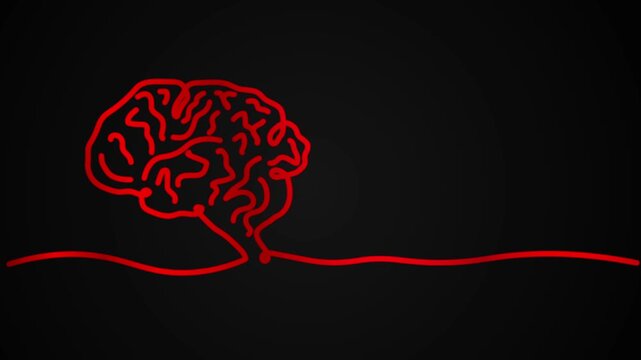 Human brain animation of one line drawing symbol sign illustration design. single line hand-drawn full length motion. isolated continuous one line art monoline red color on black background bg