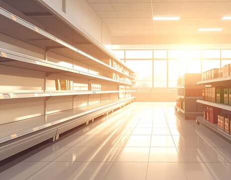 Empty supermarket shelves with sunlight.