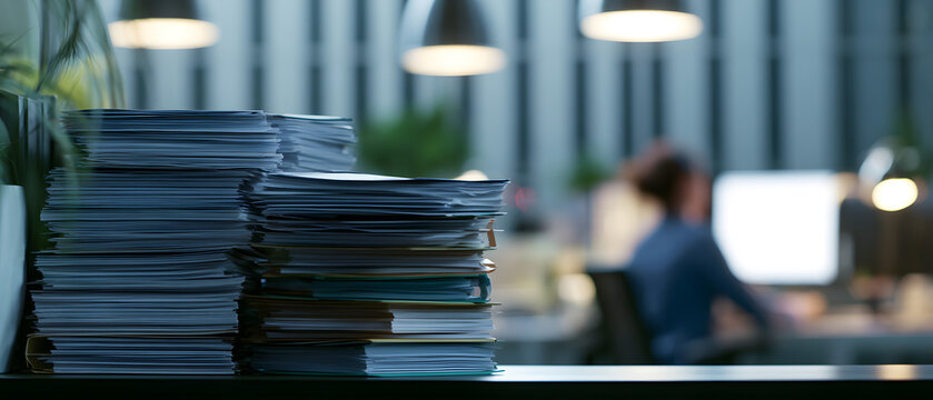 A stack of office binders containing paperwork and files is kept in a workspace