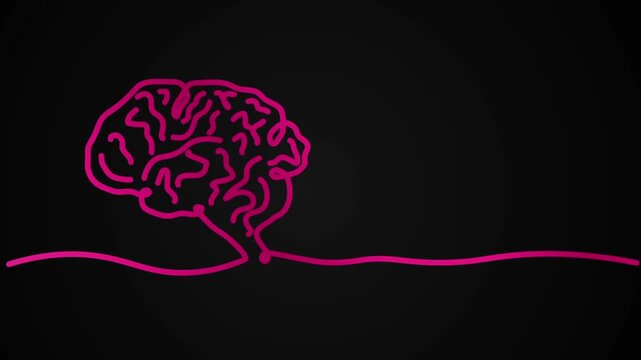 Human brain animation of one line drawing symbol sign illustration design. single line hand-drawn full length motion. isolated continuous one line art monoline pink color on black background bg