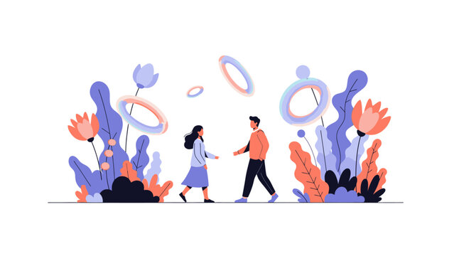 illustration of couple walking in floral environment with abstract shapes