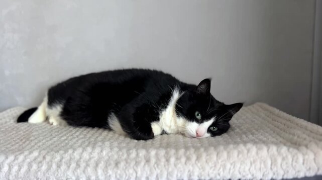 Black and white cat with green eyes lounging lazily on gray plaid blanket