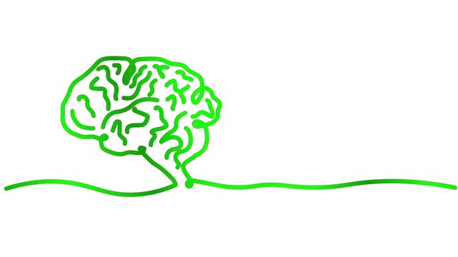 Human brain animation of one line drawing symbol sign illustration design. single line hand-drawn full length motion. isolated continuous one line art monoline green color on white background bg