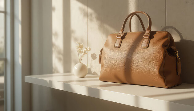 Handbag placed on minimal shelf with soft natural light, clean design.