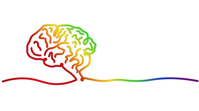 Human brain animation of one line drawing symbol sign illustration design. single line hand-drawn full length motion. isolated continuous one line art monoline rainbow color on white background bg