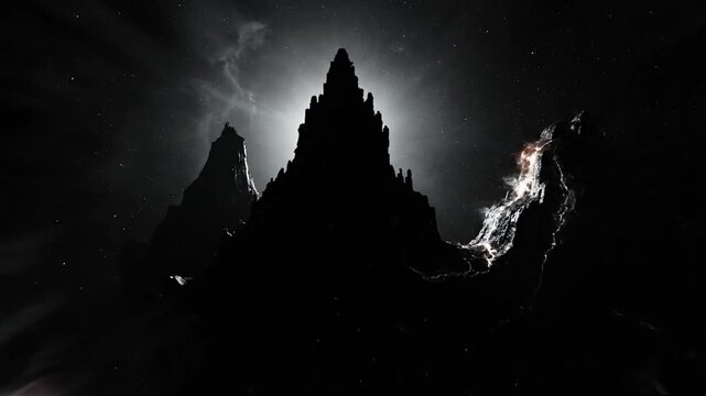 Dark cosmic portal with swirling nebula and distant castle silhouette