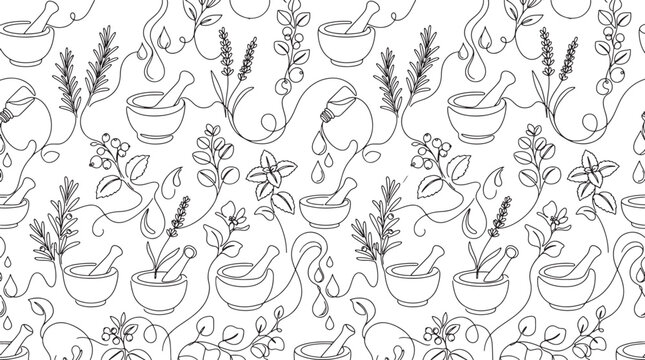 Herbal medicine seamless pattern with mortar and pestle and medicinal plants in a continuous line drawing style