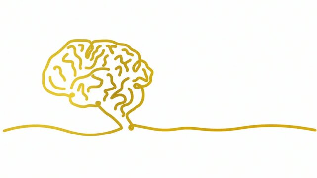 Human brain animation of one line drawing symbol sign illustration design. single line hand-drawn full length motion. isolated continuous one line art monoline golden color on white background bg
