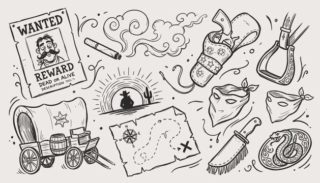 Vector black & white western cowboy design elements.