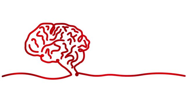 Human brain animation of one line drawing symbol sign illustration design. single line hand-drawn full length motion. isolated continuous one line art monoline red color on white background bg backdro