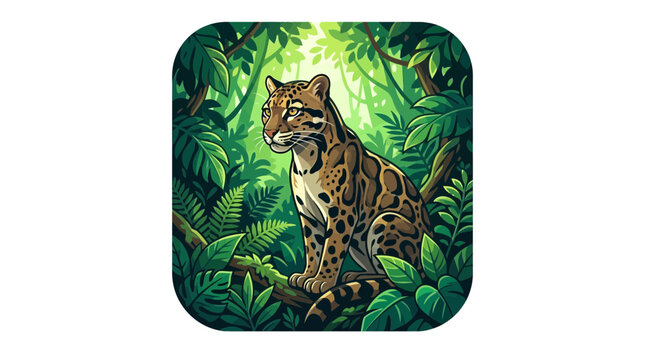 Clouded leopard sitting in a lush green jungle environment.