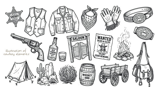 Vector black & white western cowboy design elements.