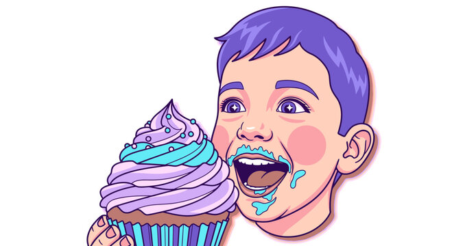 A boy eating a colorful cupcake with swirly frosting and a joyful expression