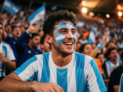 Football Fanatic's Delight: A jubilant football fan, face painted with national colors, cheers ecstatically in a stadium filled with passionate supporters.