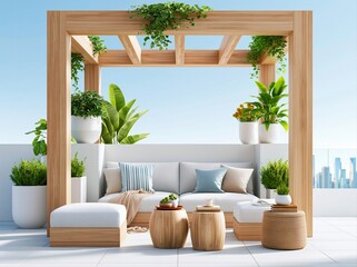 Obraz premium Relaxing outdoor seating area with plants in a modern city setting during sunny weather