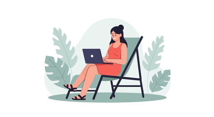 Fototapeta premium Woman Working Remotely on Laptop Outdoors, Relaxing in a Chair Amidst Nature