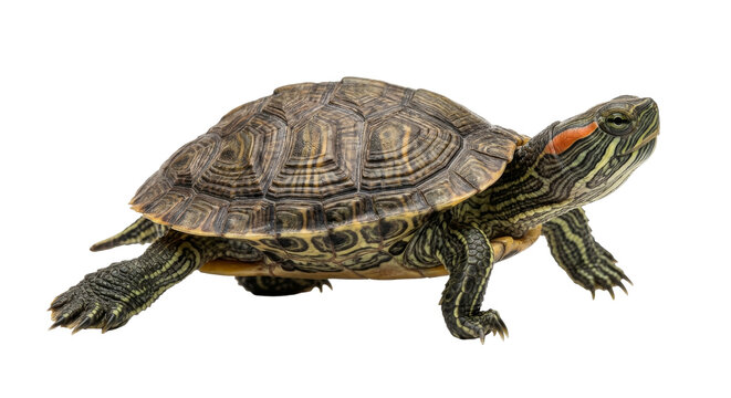 A small freshwater turtle with distinctive red markings on its head and striped skin