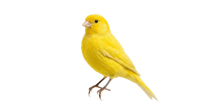 A small, vibrant yellow canary perched on a white background, looking alert