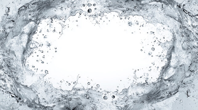 Dynamic splashing water frame with bubbles isolated on white background