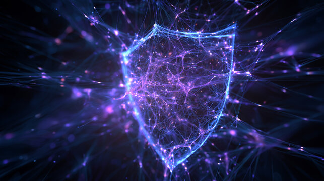 Futuristic digital shield glowing with network nodes cyber security data protection concept