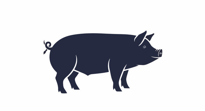 A minimalist, dark blue silhouette of a pig stands profile against a white backdrop