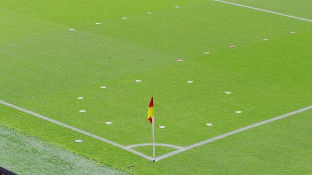 Vibrant green grass soccer field showing white boundary lines, a corner flag, and training markers for drills