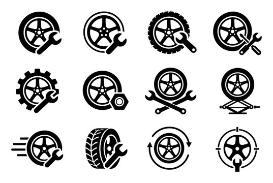 Car tire service and repair vector icons representing wheel maintenance, tire fitting, auto garage workshop tools, and vehicle alignment symbols