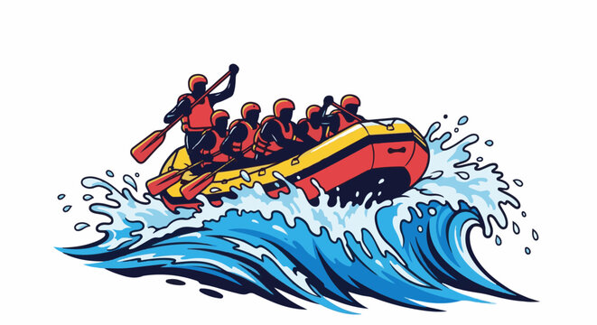 Team of people in a raft navigating rough water with paddles