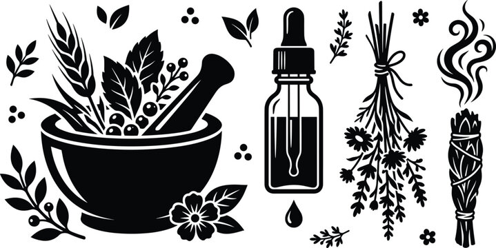 Herbal medicine and holistic wellness vector set featuring mortar and pestle dropper bottle bundled healing herbs and smoking smudge stick